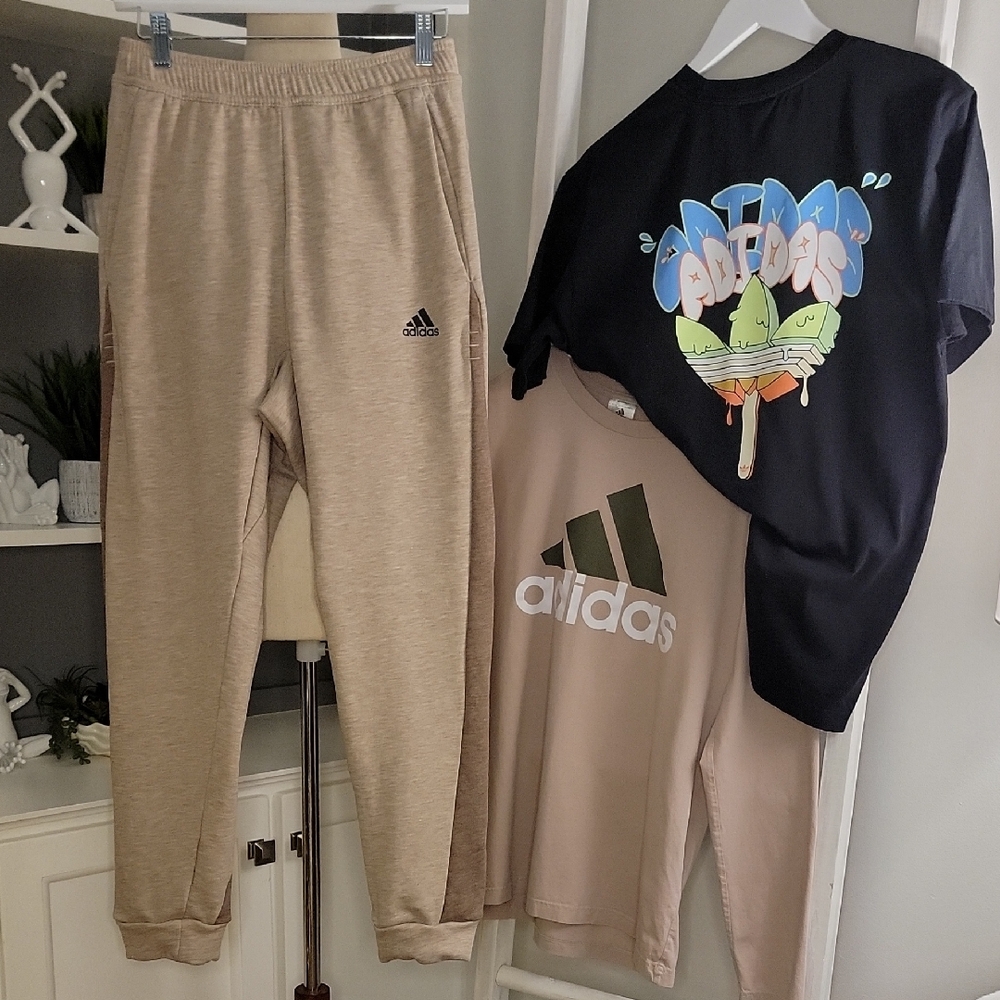 Mens Adidas Set Joggers Beige Black Short Sleeve Long Sleeve  Size Medium M